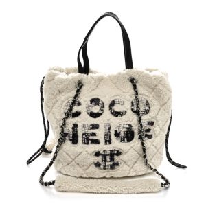 Chanel Shearling Sheepskin Tweed Large Coco Neige Tote White Black