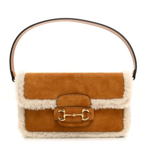 Gucci Suede Shearling Horsebit Mini 1955 Shoulder Bag Honey Beige Milk