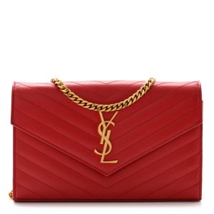 Saint Laurent Grain De Poudre Matelasse Chevron Monogram Chain Wallet Red
