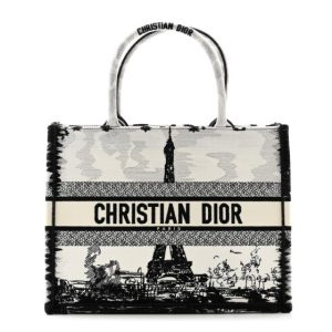 Christian Dior Canvas Embroidered Medium Paris Book Tote White Black