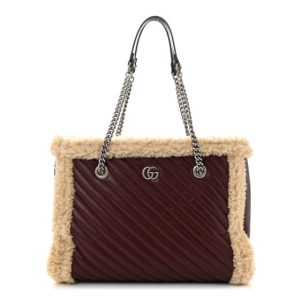 Gucci Azalea Calfskin Matelasse Diagonal Shearling Medium GG Marmont Shoulder Tote Bordeaux Sand Desert