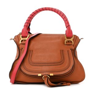 Chloe Calfskin Medium Marcie Satchel Tan Plaid Red