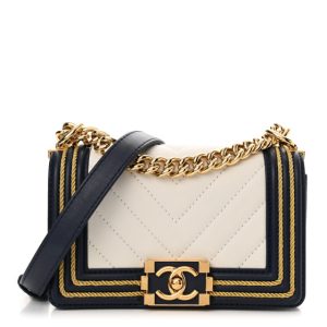 Chanel Calfskin Chevron Quilted Braided Small Boy Flap White Navy
