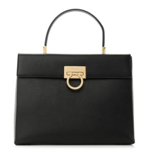 Salvatore Ferragamo Hammered Calfskin Iconic Large Top Handle Bag Black