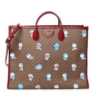 Gucci X DORAEMON Mini Vintage GG Supreme Monogram Large Tote Bag Beige Cherry Red