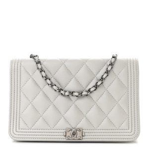 Chanel Metallic Caviar Quilted Boy Wallet On Chain WOC Silver