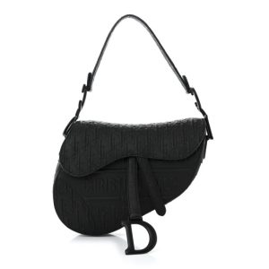 Christian Dior Calfskin Embossed Oblique Saddle Bag Black