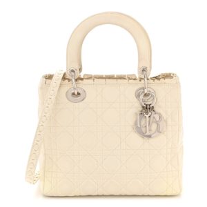 Christian Dior Lambskin Cannage Ruffle Trim Medium Lady Dior Off White