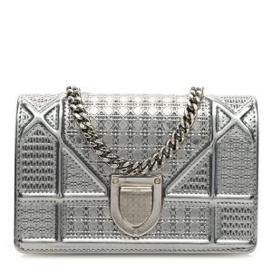 Christian Dior Metallic Patent Micro-Cannage Diorama Wallet on Chain Pouch Silver