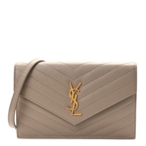 Saint Laurent Grain De Poudre Matelasse Chevron Monogram Envelope Chain Wallet Nude Powder