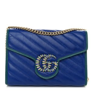 Gucci Azalea Calfskin Enamel Matelasse Diagonal Torchon GG Marmont Chain Wallet Imperial Blue Pavone