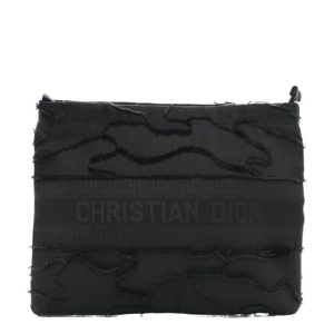 Christian Dior Canvas Embroidered Camouflage Medium Diordouble Zip Pouch Black
