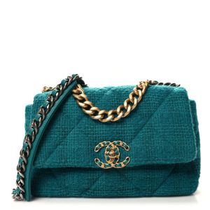 Chanel Tweed Quilted Medium Chanel 19 Flap Green