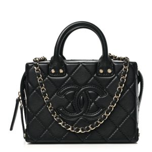 Chanel Calfskin Quilted Small Studded Square Vanity Case Black