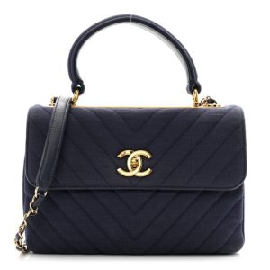 Chanel Jersey Chevron Quilted Small Trendy CC Dual Handle Flap Bag Navy Blue