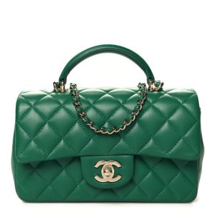Chanel Lambskin Quilted Mini Top Handle Rectangular Flap Green