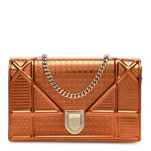 Christian Dior Metallic Patent Micro-Cannage Diorama Wallet on Chain Pouch Orange