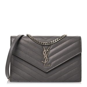 Saint Laurent Grain De Poudre Matelasse Chevron Monogram Envelope Chain Wallet Coal