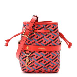 Versace Coated Canvas Calfskin La Greca Signature Mini Bucket Bag Blue Red