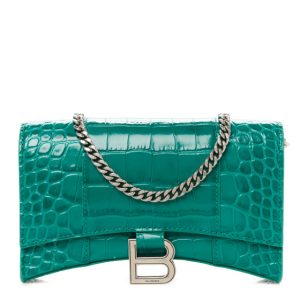 Balenciaga Shiny Calfskin Crocodile Embossed Hourglass Chain Bag Emerald