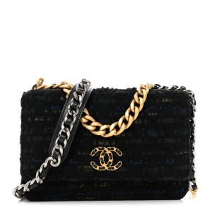Chanel Tweed Quilted Chanel 19 Wallet On Chain WOC Black Navy Gold