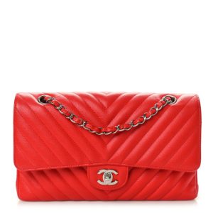 Chanel Caviar Chevron Quilted Medium Double Flap Red