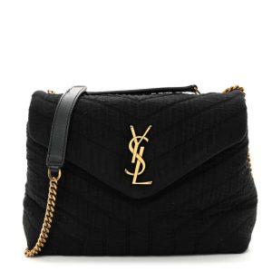 Saint Laurent Cotton Gauze Y Quilted Monogram Small Loulou Chain Satchel Black