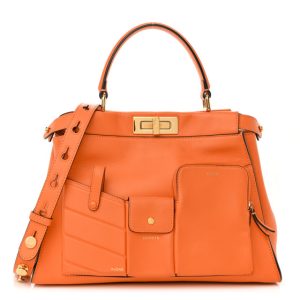 Fendi Vitello Seta Shiny Nappa Medium 3 Pocket Peekaboo Iconic Satchel Papaya