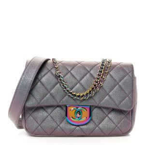 Chanel Iridescent Goatskin Quilted Small Double Carry Waist Chain Flap Purple