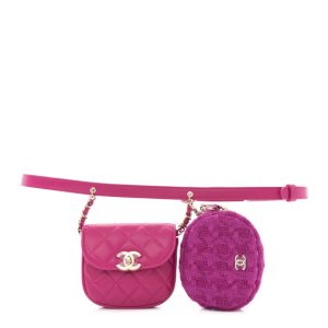 Chanel Tweed Lambskin Quilted Waist Bag With Coin Purse Fuchsia