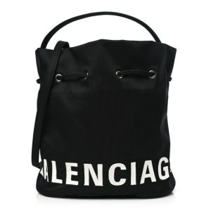 Balenciaga Recycled Sport Nylon Logo Embroidered Small Wheel Drawstring Bucket Bag Black