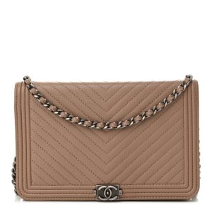 Chanel Caviar Chevron Quilted Boy Wallet On Chain WOC Dark Beige