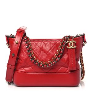 Chanel Aged Calfskin Chevron Quilted Small Gabrielle Hobo Red