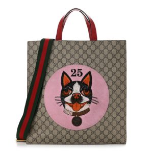 Gucci Soft GG Supreme Monogram Web Bosco Patch Vertical Tote Beige Malva Hibiscus Red