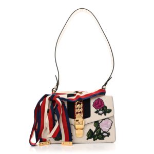 Gucci Calfskin Embroidered Small Sylvie Shoulder Bag White