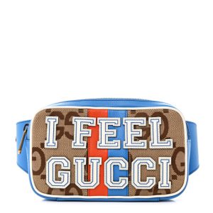 Gucci Monogram Jumbo GG Textured Dollar Calfskin Web I Feel Gucci Belt Bag Camel Ebony Blue