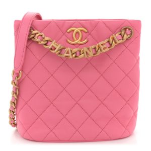 Chanel Lambskin Quilted Chaine Lettre Small Bucket Bag Pink