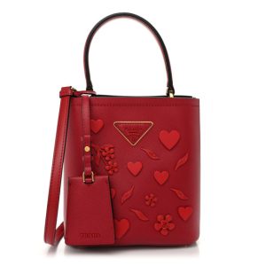 Prada Saffiano Cuir Calfskin Embellished Panier Bucket Bag Fuoco