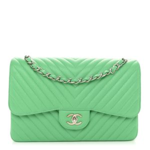Chanel Caviar Chevron Quilted Jumbo Double Flap Green