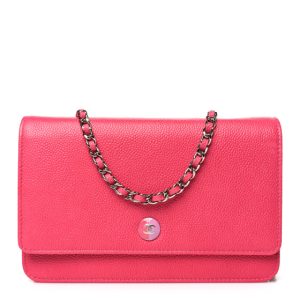 Chanel Caviar Enamel Button CC Wallet on Chain WOC Dark Pink
