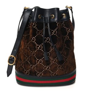 Gucci Velvet GG Monogram Textured Calfskin Web Bucket Bag Brown Black