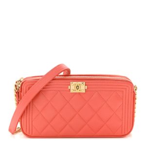 Chanel Lambskin Quilted Small Boy Clutch With Chain Coral