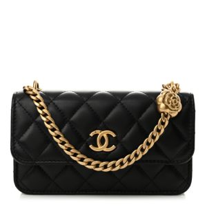 Chanel Lambskin Quilted Sweet Camellia Flap Phone Holder With Chain Black