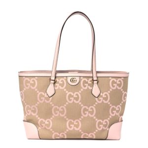 Gucci Monogram Jumbo GG Textured Dollar Calfskin Medium Ophidia Shopping Tote Beige Perfect Pink