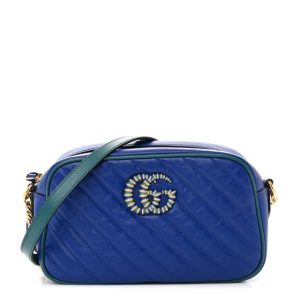 Gucci Azalea Calfskin Enamel Matelasse Diagonal Small Torchon GG Marmont Chain Shoulder Bag Imperial Blue Pavone