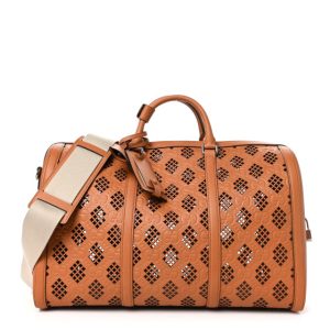 Gucci Calfskin Cut Out GG Embossed Medium Duffle Bag Harness Brown