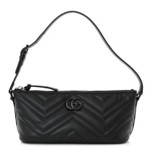 Gucci Calfskin Matelasse Chevron Monochrome GG Marmont Sling Shoulder Bag Black