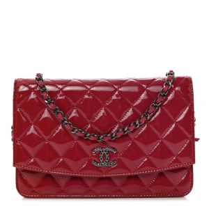 Chanel Patent Quilted Brilliant Wallet On Chain WOC Dark Pink