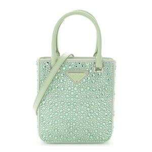 Prada Satin Crystal Metal Triangle Logo Small Double Handle Crossbody Tote Acqua