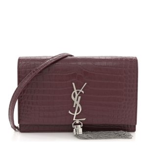 Saint Laurent Calfskin Crocodile Embossed Kate Monogram Tassel Chain Wallet Rouge Legion